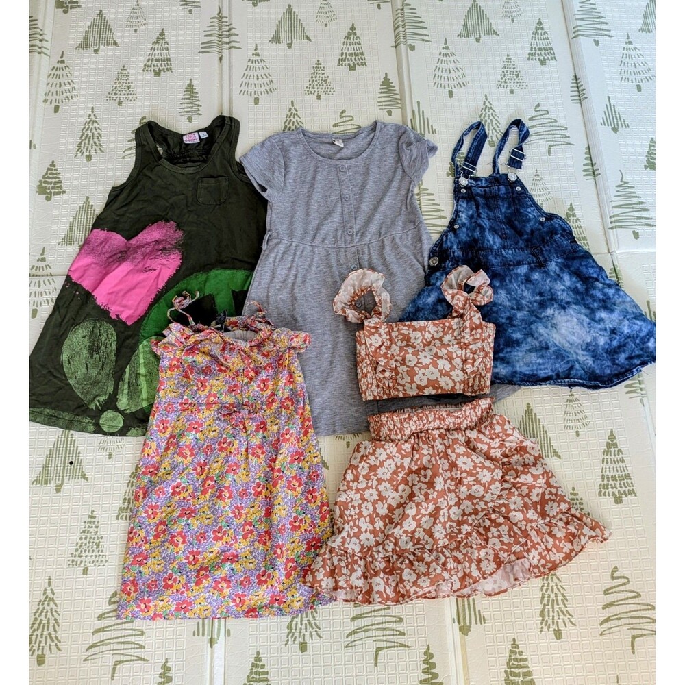Girls Size 7/8 Summer Clothes Bundle 5pc Lot Dresses Denim Overalls Floral Set